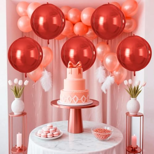 Image of 9 Pcs Red Round Foil Balloons,22 Inch Metallic Red Round Balloons | Red Giant 4D Round Ball Balloons For Casino Theme Birthday Wedding Patriotic Christmas Party Decorations