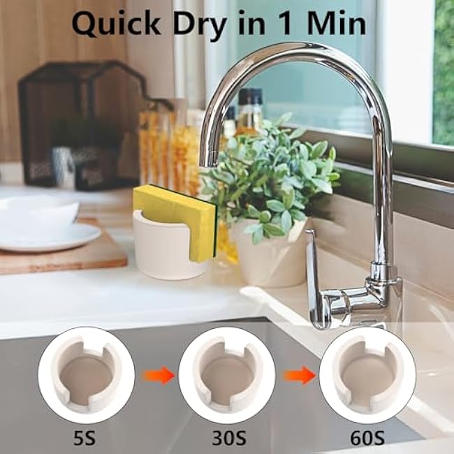 Kitchen Sponge Holder for Sink, Diatomite Standing Dish Sponge Holder Cup, Ceramic Fast Drying Stone Sink Caddy Kitchen Sink Organizer for Kitchen Counter Dish Small Sink Caddy, Beige