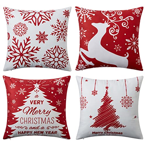 Hapterouse Lot de 4 housses de coussin de Noël rustiques pour la maison, motif sapin, cerf, flocons de neige - 45,7 x 45,7 cm, rouge Cover