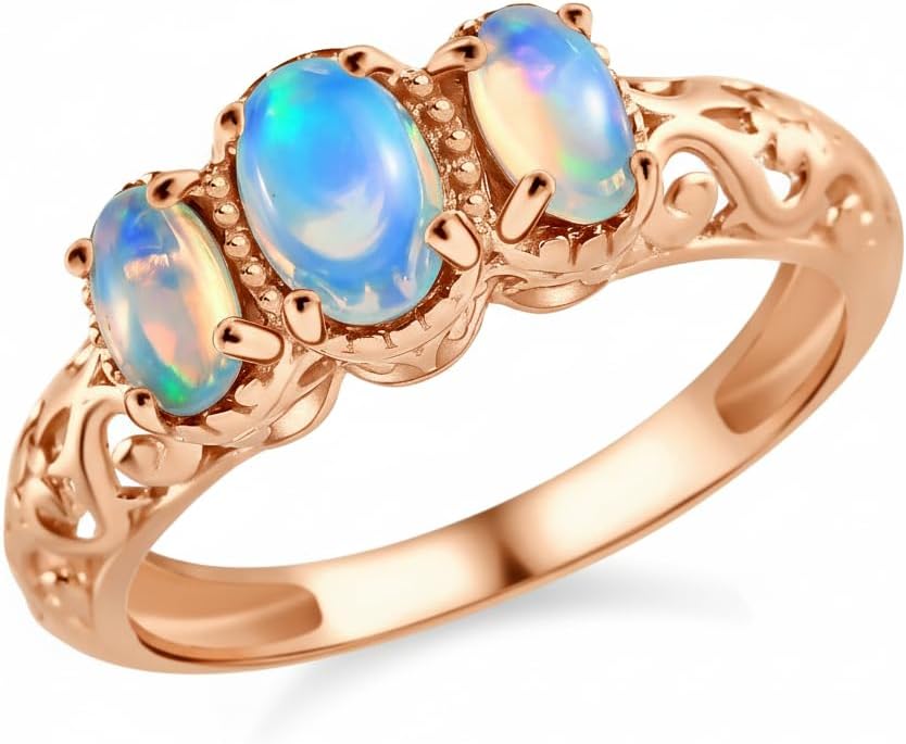 Sterling Silver 925 Opal Ring, Three Stone Design with Filigree Band