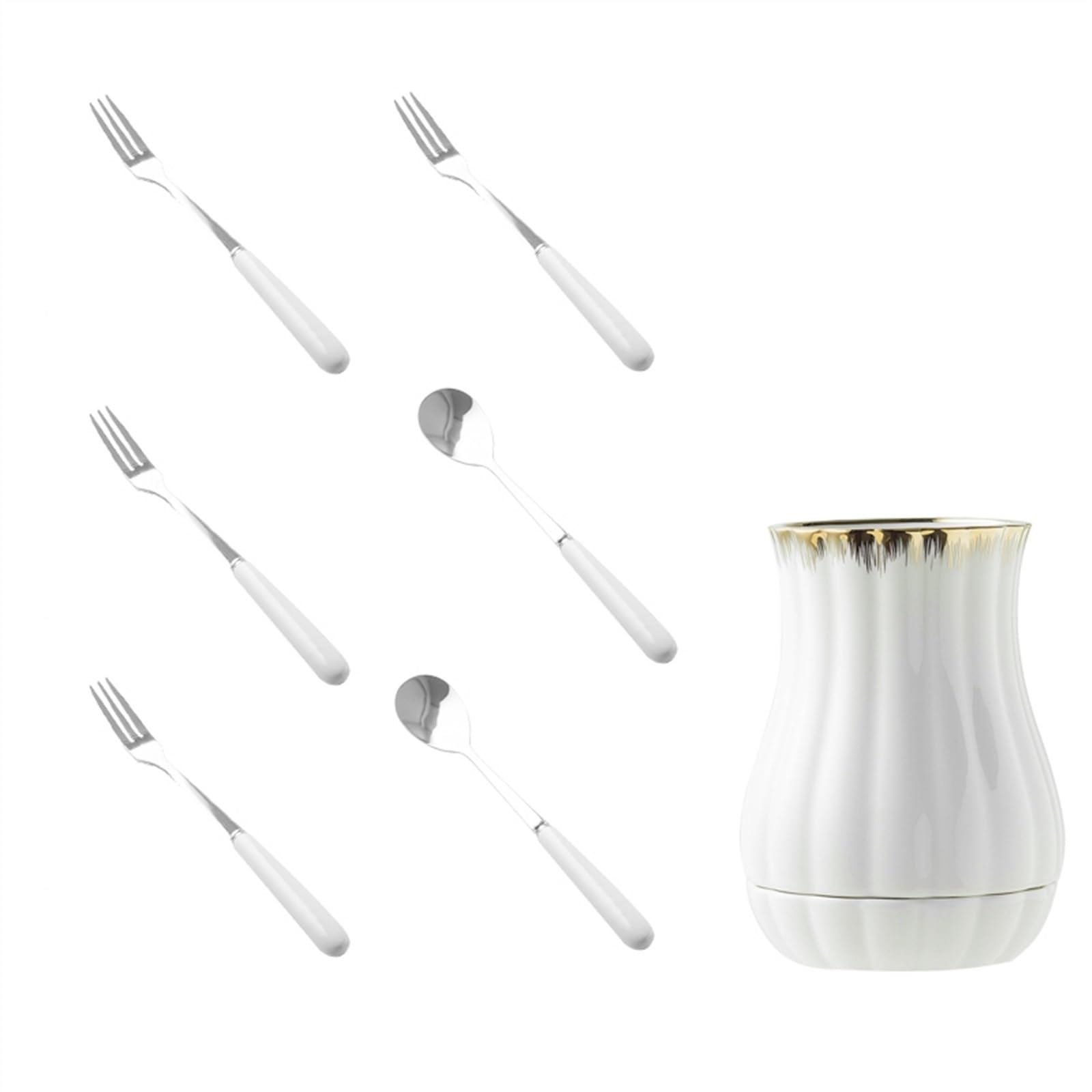 Juego de tenedores de postre de acero inoxidable, 6 tenedores para aperitivos con tarro de almacenamiento de cerámica, vajilla apta para lavavajillas para frutas y pasteles