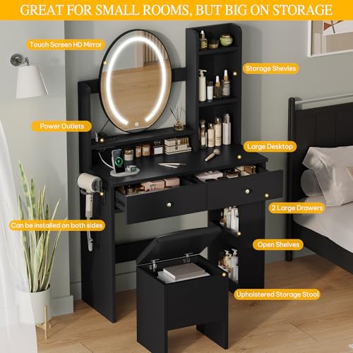 DWVO Vanity Desk with Oval Mirror and Lights, Makeup Vanity Table Set with Power Outlets and Chair, 3 Lighting Colors, Makeup Desk with 2 Drawer and Lots Storage Shelves, Bedroom, Black Dressing Table