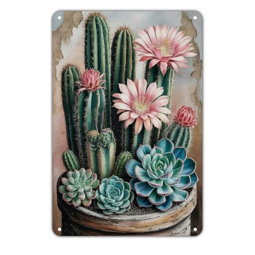 Succulent Cactus Plant tin sign Vintage Blooming Cactus Metal Sign Print Aesthetic for Garden Yard Bar Porch Home Bedroom Kitchen Wall Decor Decor Gift 8 x 12 Inches