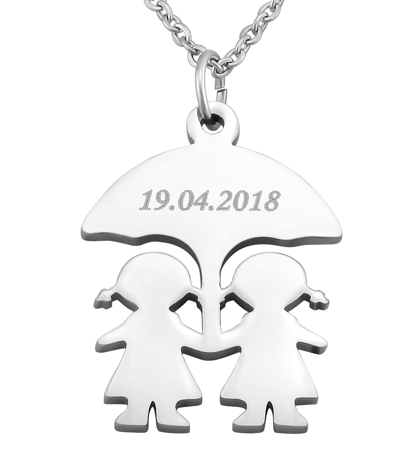 Personalised Necklace with Engraving Stainless Steel 50 cm with Pendant Girl Under Umbrella in Silver - Personalised Gifts for Children and Adults - Necklace Women Men Girls Boys, Stainless