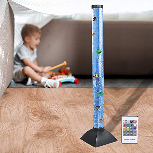 YUDA Upgrade 4ft Sensory Bubble Tube W/Extra Stable Base and 10 Fake Fishes RF Remote W/ 7 Changing Light Colors, Bubble Fish Lamp Aquarium Column Stand for Sensory Room Kids Bedroomâ€¦