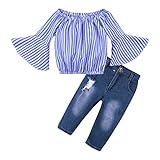  De feuilles Chic-Chic 2PCS T-Shirt Pull-Over+ Pantalons Jean Ensemble Fille Bébé Pull Longues Manches Haut Sweat-Shirt Imprimé Rayer Printemps Bleu 2-3ans