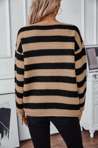 Image of Womens 2025 Long Sleeve Crew Neck Striped Sweater Casual Loose Color Block Pullover Knit Jumper Tops