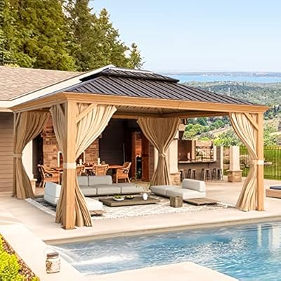 YOLENY 10'x12' Hardtop Gazebo, Wooden Finish Coated Aluminum Frame Canopy with Galvanized Steel Roof, Outdoor Metal Gazebos with Curtains and Nettings for Patio, Backyard, Deck and Lawns