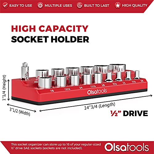 Image of Olsa Tools Magnetic Socket Organizer | 1 /2-inch Drive | SAE | RED | Holds 16 Sockets | Professional Quality Tools Organizer