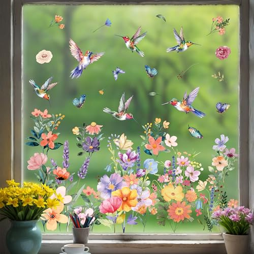 WALPLUS Flight Among Petals: Hummingbirds in Spring Window Stickers Removable Reusable Double-Sided Glass Clings for Home Kids Room Classroom and Seasonal Decor