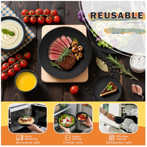 Image of Wheat Straw Dinnerware Sets for 8, 32 PCS Unbreakable Plates and Bowls Sets, Reusable Dinnerware Set for Kitchen Outdoor and Apartment Dinning Essentials - Black