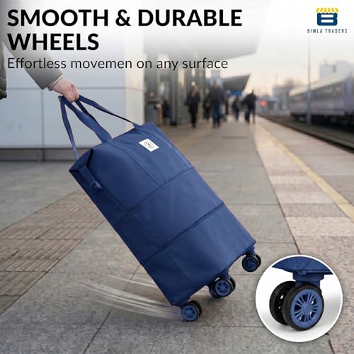 Image of Btag Travel Duffle Bag with Wheels | Convertible Handbag, Trolley & Shoulder Luggage for Clothes | Space-Saving Foldable Travel Companion | Expandable & Waterproof Traveling Bag for Unisex (Navy Blue)