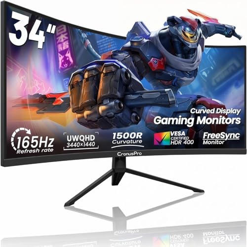 CronusPro 34 Zoll Gaming Monitor, UWQHD 3440 * 1440, 165Hz, 1ms MPRT, AMD FreeSync Premium, 21:9, Curved 1500R, VA-Panel, sRGB 127%, 2 * HDMI 2.0 | DisplayPort, HDR10, Gaming Bildschirm, Schwarz