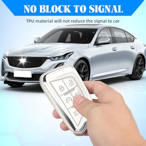 Image of QBUC for Cadillac Key Fob Cover with Leather Keychain (Chrome Trim White) | Soft TPU Protection Case Compatible with 2020-2026 Cadillac Escalade Lyriq Optiq 6-Buttons