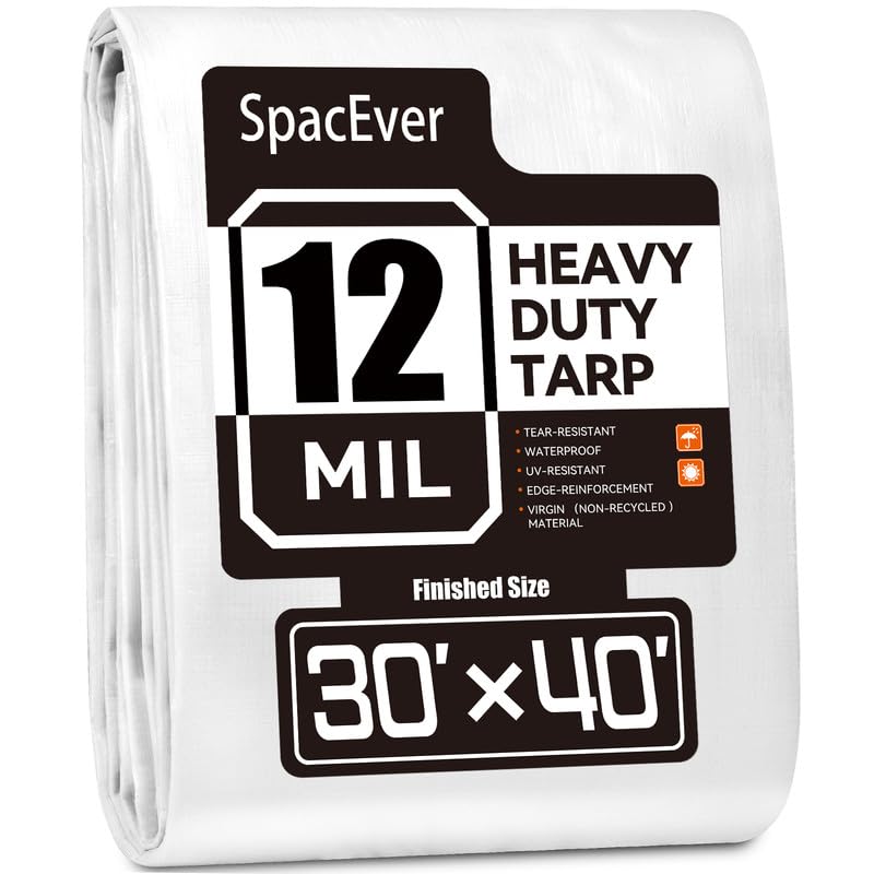 Tarp Heavy Duty 30x40 FT 12 Mil Thick Large Tarps Water-Proof with Grommets UV& Tear Resistant Plastic Cover for Pool Roof Tent Outdoor Firewood White