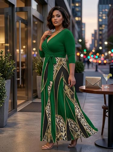 Image of Plus Size Dresses for Women Print Maxi Dresses 3 /4 Sleeve with Belt