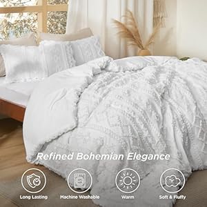 Bedsure Tufted Boho Comforter Set Queen Size - Bright White Boho Bed Set, GentleSoft™ 3 Pieces Farmhouse Shabby Chic Embroidery Bedding, Gifts for Woman, Soft Jacquard Queen Comforter for All Seasons Bedsure Tufted Boho Comforter Set Queen Size Bright White Boho Bed Set GentleSoft 3 Pieces Farmhouse Shabby Chic Embroidery Bedding Gifts for Woman Soft Jacquard Queen Comforter for All Seasons