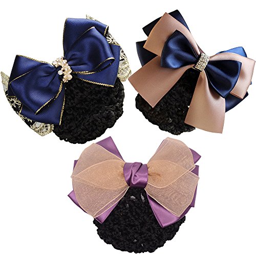 Xuanli 3 Pcs Woman Girl Lady Bowknot Bow Snood Net Bun Cover Barrette Hair Clip (C014)