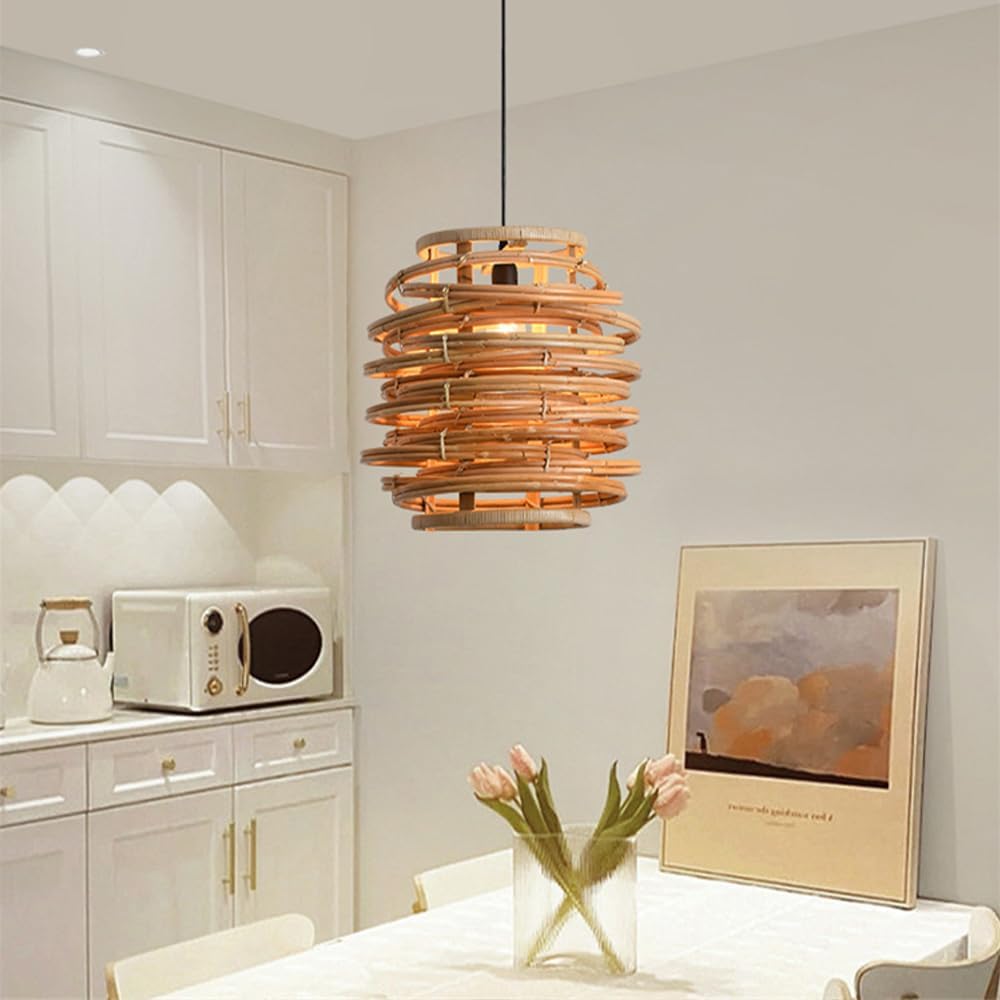Rattan Light Fixture Ceiling Bohemian Chaner, Rattan Woven Hanging Light, 1-Light Basket Chaner for Kitchen Island Hallway Bedroom Dining Room Hanging Chaners (40Cm)/35Cm