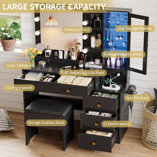 Image of Vanity Desk with Mirror and Lights, Makeup Vanity Table Set with 5 Storage Drawers, Power Outlet & Chair, Small Dressing Table with RGB Ambient Light, Adjustable Brightness for Girls Bedroom, Black