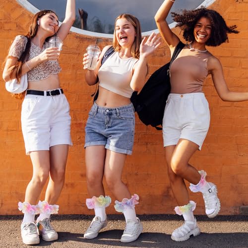 Image of Geyoga 3 Pairs Women Big Ruffle Socks Turn Cuff, Double Lace Ankle Cotton Frilly Socks for Ladies Summer