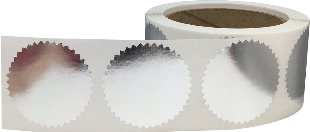 Lot de 500 étiquettes autocollantes rondes à bords dentelés pour certificat, récompense, certificat, 5,1 cm, argenté métallisé