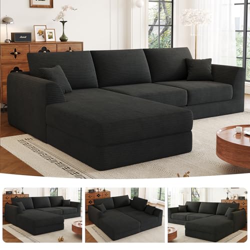 106" Modular Sectional Sofa with Reversible Chaise, Black Corduroy L-Shaped Cloud Couch for Living Room Apartment, 3-Piece Set, No Assembly Required, High-Density Supportive Foam