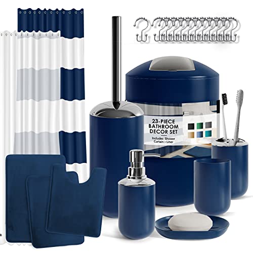 Il set completo include: tappeti da bagno in 3 misure, piccole dimensioni 43,2 x 61 cm, taglia L 50,8 x 81,3 cm, contorno 61 x 50,8 cm. Set di accessori da 9 pezzi, dispenser per sapone, portasapone, bidone della spazzatura per WC, spazzola per la pulizia del WC con supporto, tenda da doccia, fodera per tenda da doccia, 12 ganci per tenda da doccia, portaspazzolino, bicchiere.