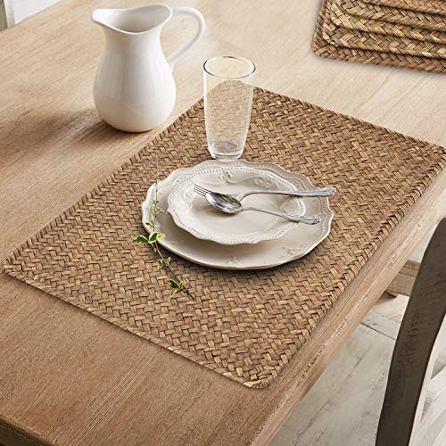 OwnMy Pack of 6 Natural Seagrass Placemats Woven Rattan Place Mat Rectangular Table Mats, 17