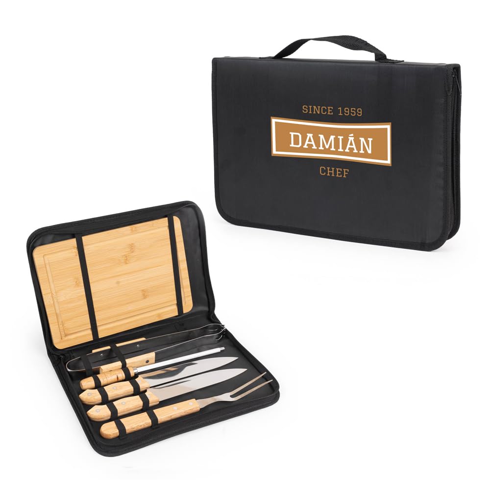 Wanapix | Personalisiertes BBQ-Set | Enthält 6 Ubehörteile (2 Messer, Schärfer, Tranchiermesser,Zange,Bambusbrett) | Beruf