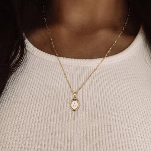 Krfy Initial Necklaces for Women - Dainty Gold Charm Necklaces 14K Gold Plated Oval Letter White Enamel Personalized Name Necklaces for Women Trendy Gold Necklace Jewelry2