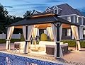 YOLENY 12' x 18' Gazebo, Galvanized Steel Double Roof Hardtop Gazebo with Aluminum Frame, Permanent Outdoor Metal Pavilion with Curtain and Netting for Patio, Lawn and Garden