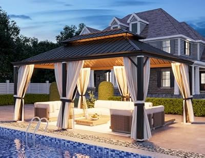 YOLENY 12' x 18' Gazebo, Galvanized Steel Double Roof Hardtop Gazebo with Aluminum Frame, Permanent Outdoor Metal Pavilion with Curtain and Netting for Patio, Lawn and Garden