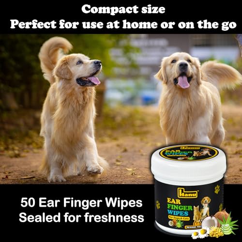 Image of Hanu Ear Finger Wipes for Dogs & Cats Gently Remove Dirt, Wax & Debris - Relieve Ear Itching & Discomfort, Sooths & Deodorizes - All Natural Ingredients - Vet Recommended - 50 Count