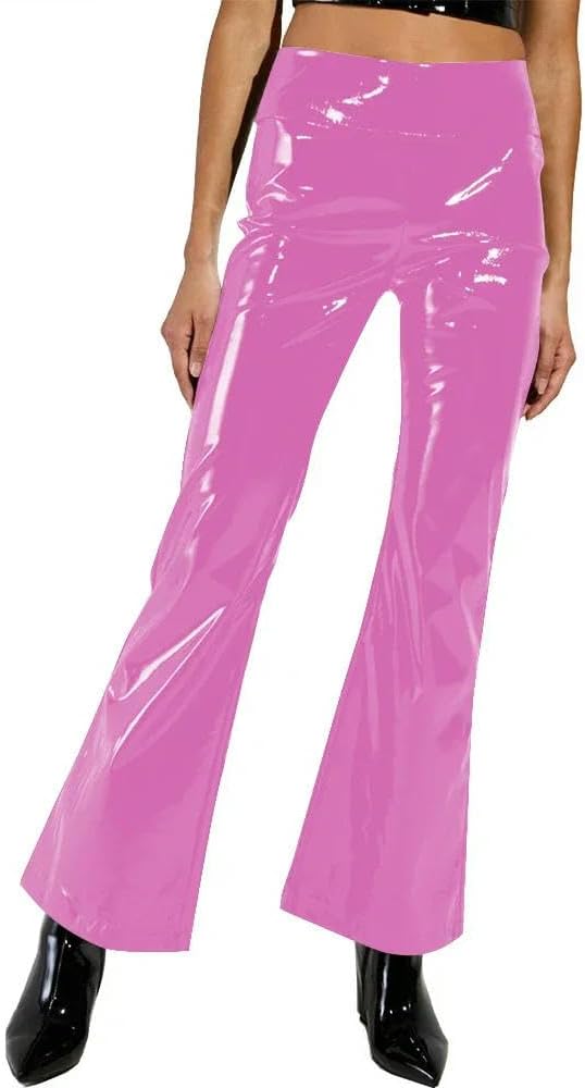 Plus Size PVC Women Casual High Waist Match Bottoms Trousers Lady Leather Punk Stretch Wide Leg Pants