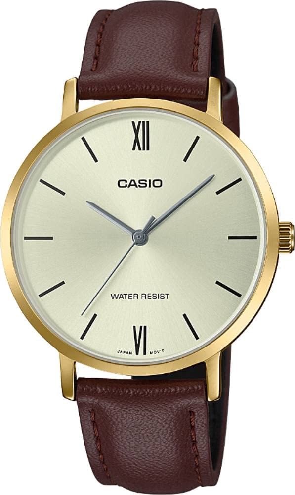 Casio LTP-VT01GL-9B Women's Minimalistic Gold Tone Brown Leather Band Gold Dial 3-Hand Analog Watch