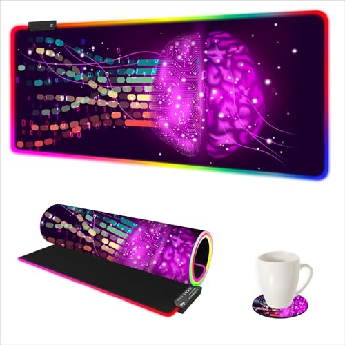 ARTSO Purple RGB Gaming Mouse Pad, XXL Large Extended Glowing Led Keyboard Mat, Cool Mouse pad Desk Pad Non-Slip Computer Mousepad Mat 35.4 x15.7 Inch, Technology Brain