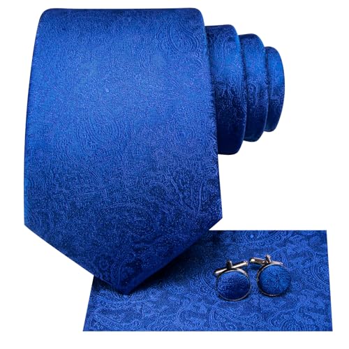Image of Hi-Tie Paisley Royal Blue Ties for Men Solid Silk Jacquard Tie and Lapel Pin Pocket Square Cufflinks Sets Formal Business Wedding