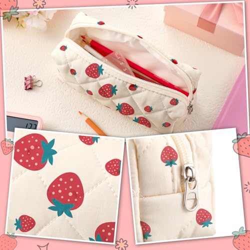 Image of Sherr Strawberry Pencil Case Cute Fruits Pencil Pouch Soft Cotton Quilted Storage Bag Aesthetic Pattern Gift Makeup Pouch Cosmetic Travel Bag for Women