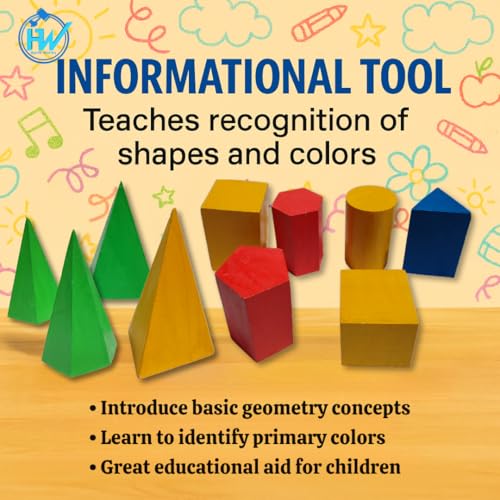 Image of Wooden Geometric Shapes Set for Students & Teachers | 12-Piece 3D Geometry Model Kit in Box | Educational Math & Physics Teaching Aids | Yellow Polished (Multicolor, Large)