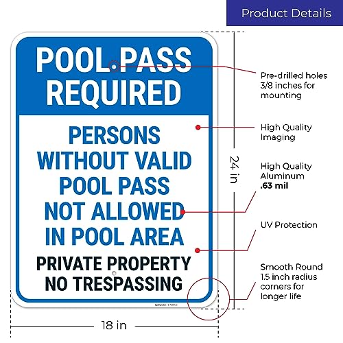 Pool Pass Required Persons Without Valid Pool Pass Not Allowed Sign 18x24 Inches miniatura 3
