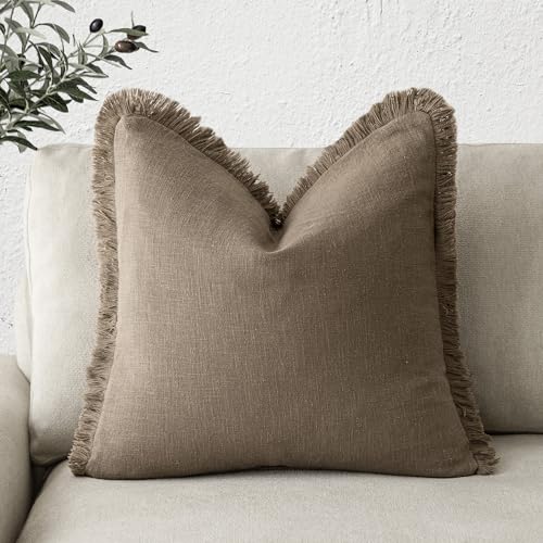 Image of Foindtower Decorative Linen Fringe Throw Pillow Covers Cozy Boho Farmhouse Cushion Cover with Tassels Soft Accent Pillowcase for Chair Sofa Bed Living Room Home Decor, 22x22 Inch, 1PC, Light Brown