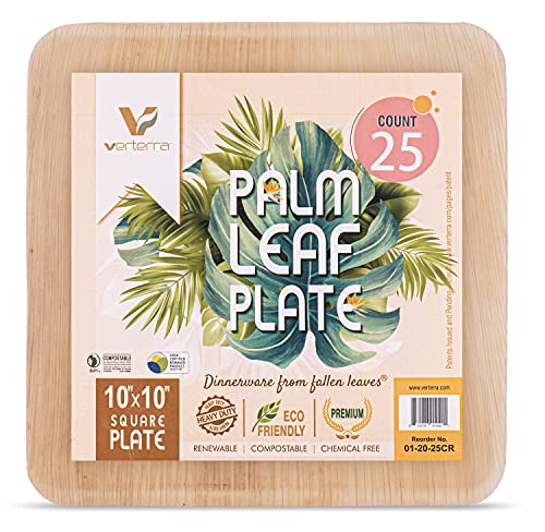 VerTerra 10-Inch Palm Leaf Plate, Square Premium Heavy Duty, Eco-Friendly, 100% Biodegradable, Dinnerware Like Bamboo for Wedding, Events Party (25-Pack) VerTerra 10-Inch Palm Leaf Plate, Square Premium Heavy Duty, Eco-Friendly, 100% Biodegradable, Dinnerware Like Bamboo for Wedding, Events Party (25-Pack)