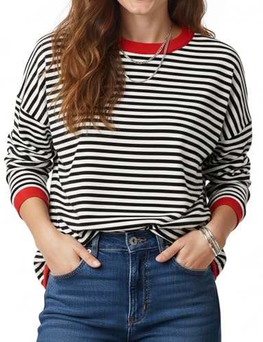 Image of Buauty Womens Long Sleeve Crewneck Knitted Striped Sweaters Casual Color Block Drop Shoulder Pullover 2025 Trendy Tops