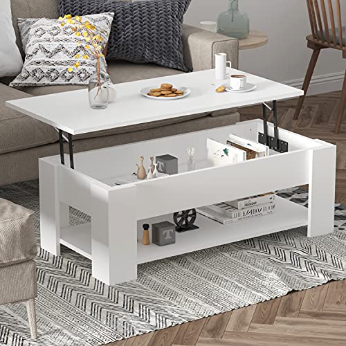 Homsee Lift Top Coffee Table With Hidden Storage Compartment And Open Shelf, Modern Central Table With Lift Tabletop For Living Room, White (41.3”L X 19.6”W X 14.9”H) #TOP2
