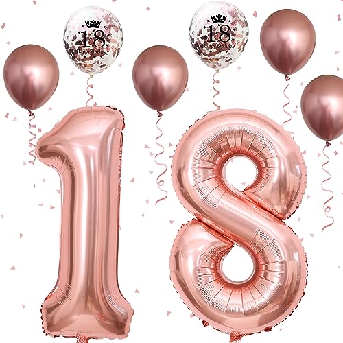 Image of 18th Birthday Decorations for Girls, 18th Birthday Balloons with 40 Inch Foil Number 18 Balloon Rose Gold Birthday Confetti Balloons Metallic Latex Balloons Set for 18 Years Old Birthday Decorations