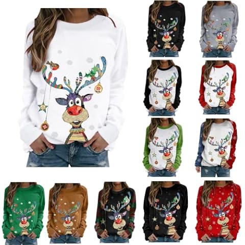 Christmas Jumpers for Women Novelty Xmas Funny Graphic Long Sleeve Tops Santa Reindeer Print Casual Round Neck Sweatshirt Holiday Loose Comfy Pullover Tunic Cover