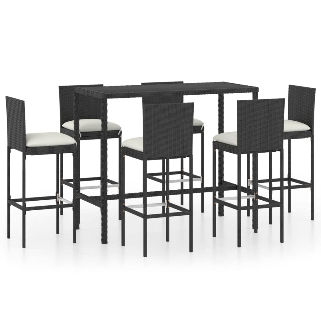 Juego de Muebles de Jardín 7 Piezas con Cojines Ratán PE Negro Conjunto de Bar de Terraza Resistente al Agua Mesa de Patio 130x60x110 cm Estructura de Acero Taburete de Bar