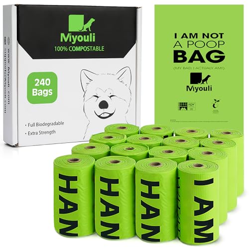 Miyouli Certified Compostable Poop Bags for Dogs, 240 Poop Bags (16 Rolls), Landfill Friendly, Leak Proof Unscented Easy Open Poop Waste Bag（Green）