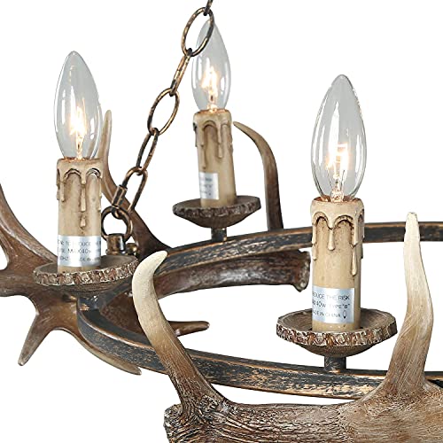 Log Barn Farmhouse Chandelier, Large Antler Chandelier Vintage Hanging Light Fixture For Dining Room, Living Room, And Bar Coffee, Deer Horn In Hand-Polished Resin, 6-Light, 26.5" Dia #TOP6